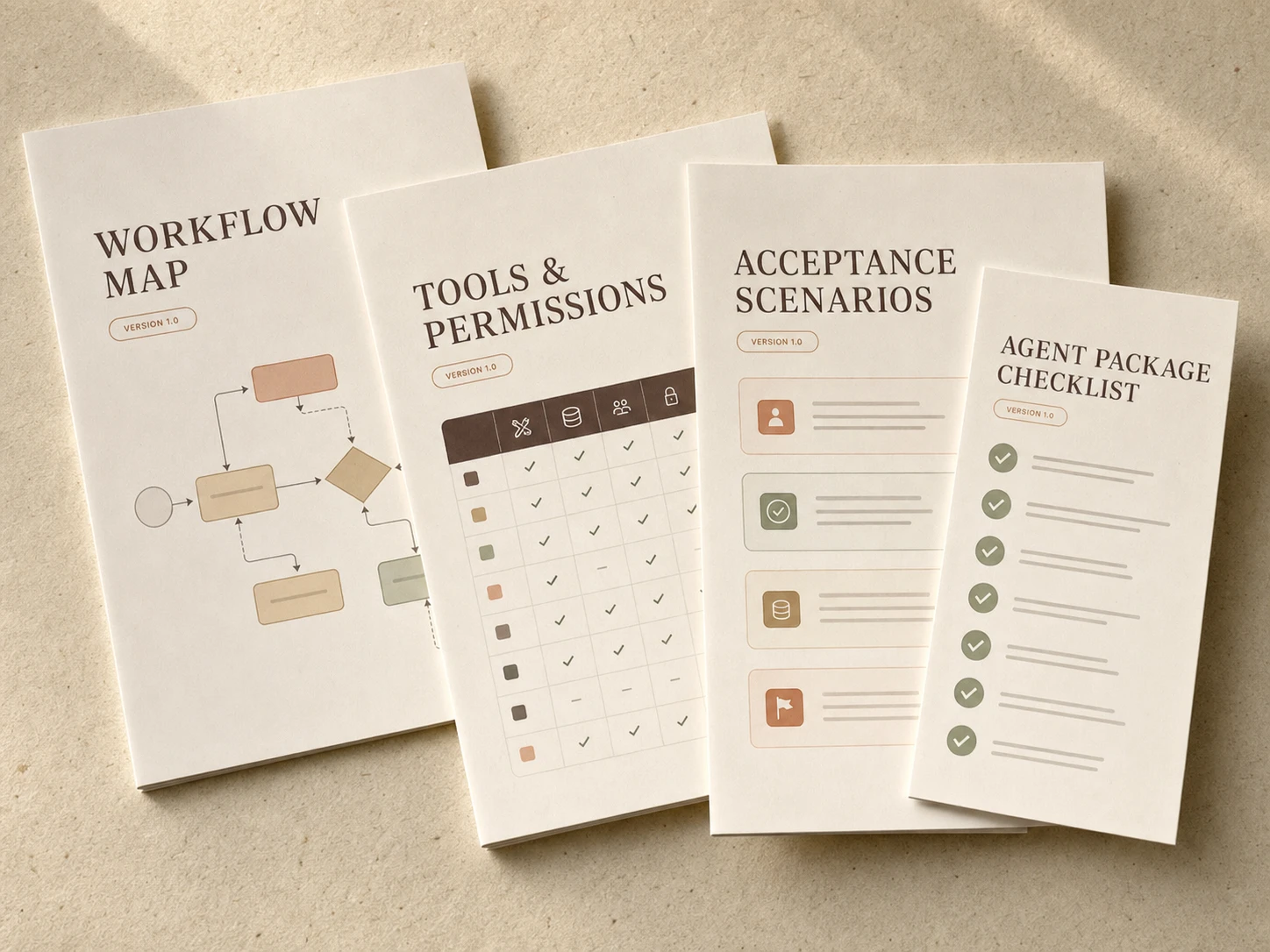 Four versioned Agent Build Specification deliverables: a workflow map, tools and permissions matrix, acceptance scenarios, and Agent Package checklist.