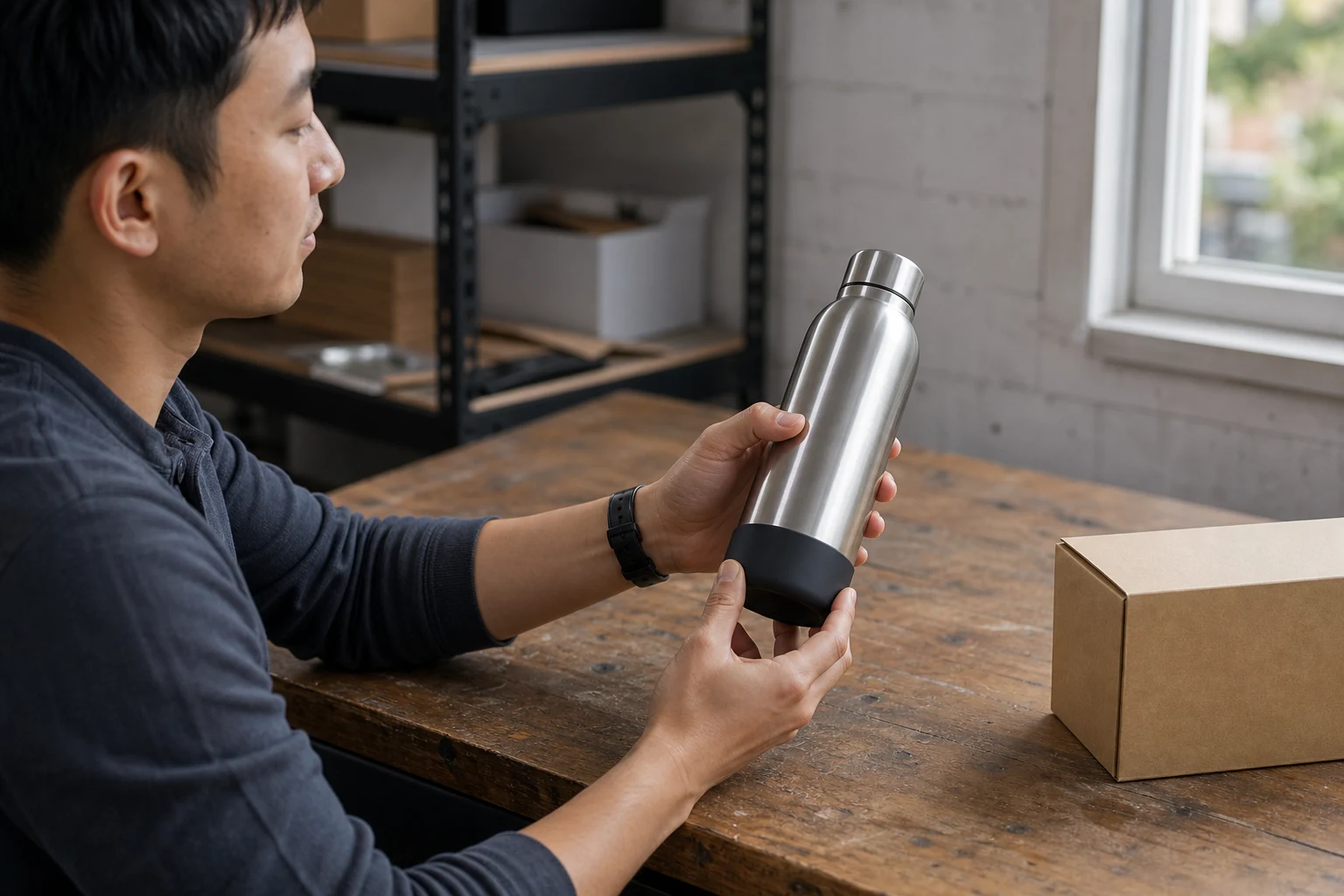 Product researcher fitting a silicone base protector to an unbranded insulated bottle