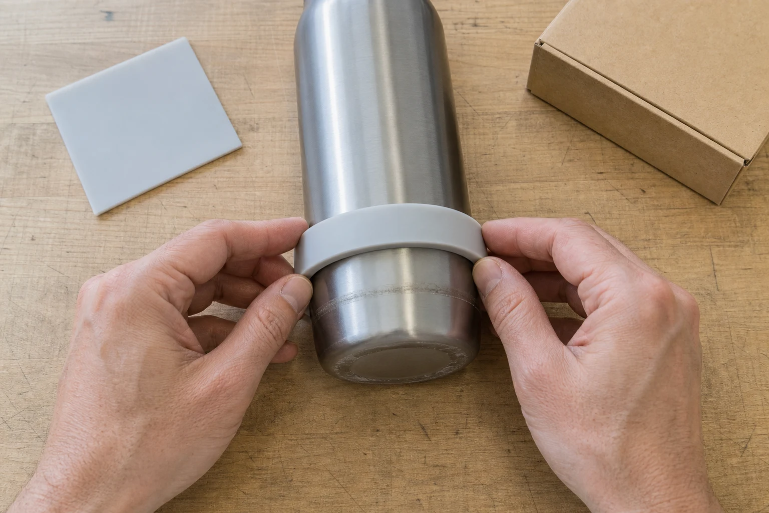 Researcher checking an insulated bottle base with a blank sizing ring before accessory design