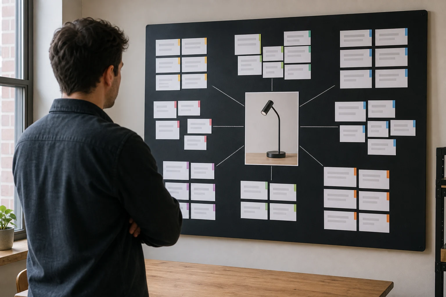 Keyword researcher reviewing grouped query cards around one product photograph