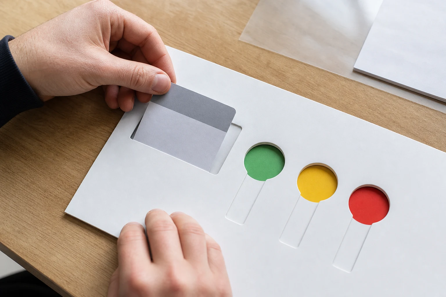 PPC manager checking one search-term evidence card against a physical go-no-go template