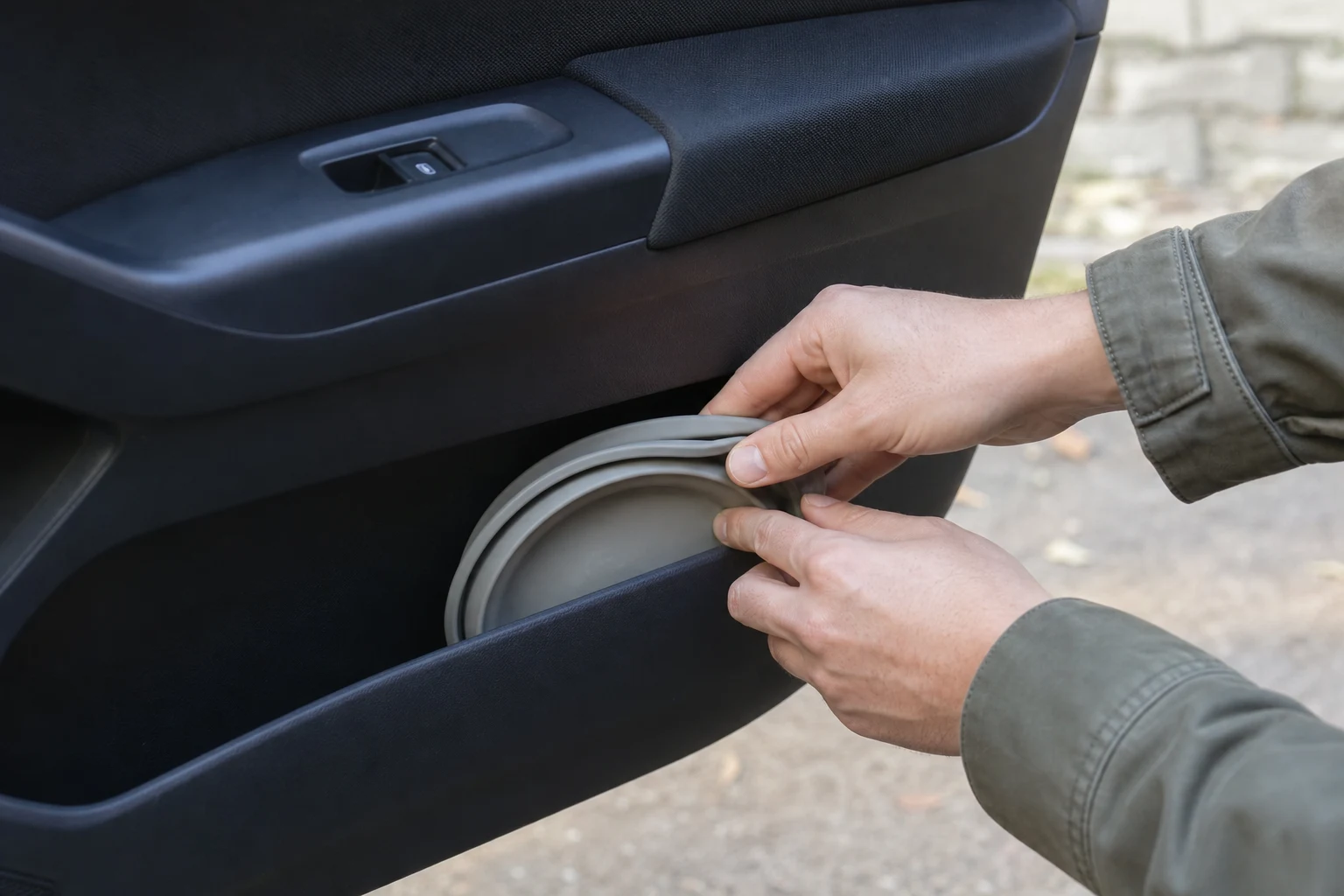 Researcher testing whether one collapsible pet bowl fits a specific car-travel constraint