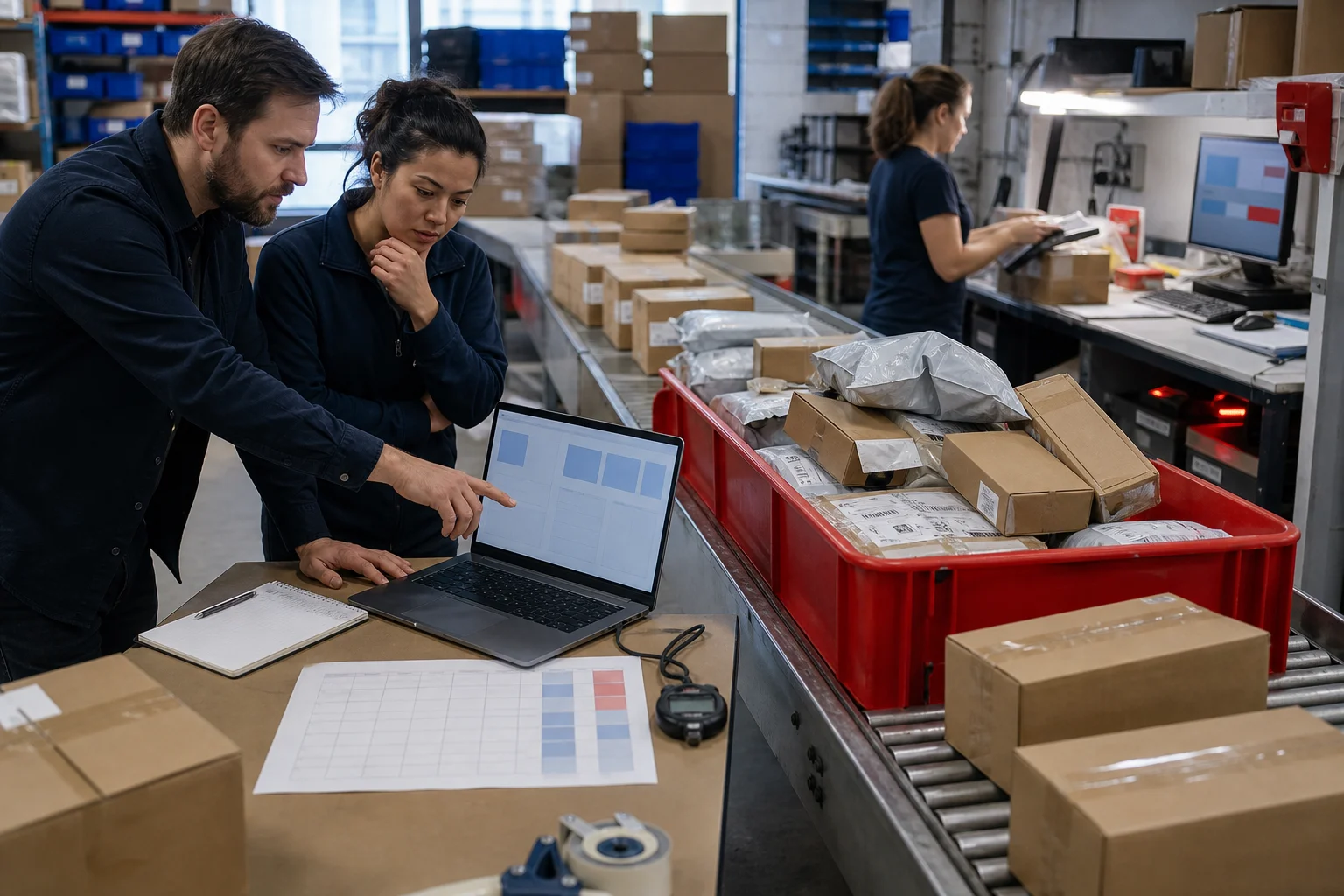 Operators finding a return and rework bottleneck inside a working fulfillment line