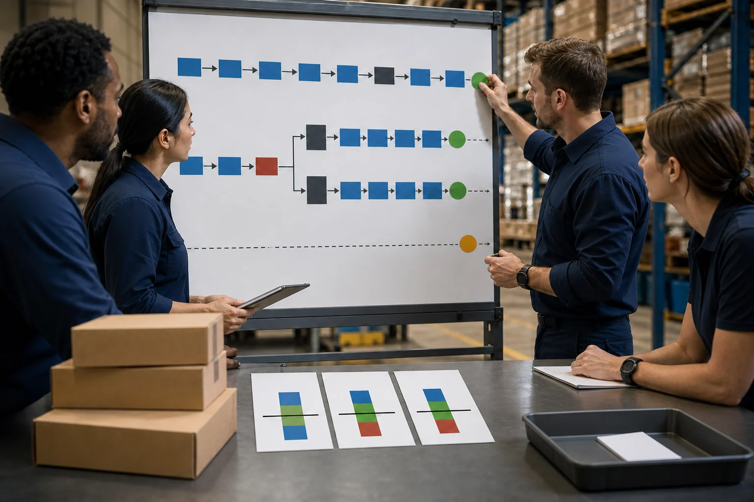 Warehouse team approving limited scaling after redesigning the weakest operating step