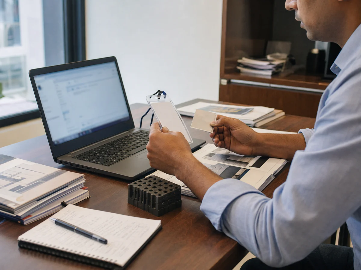 Export sales specialist reviewing trade-show buyer context before drafting a follow-up