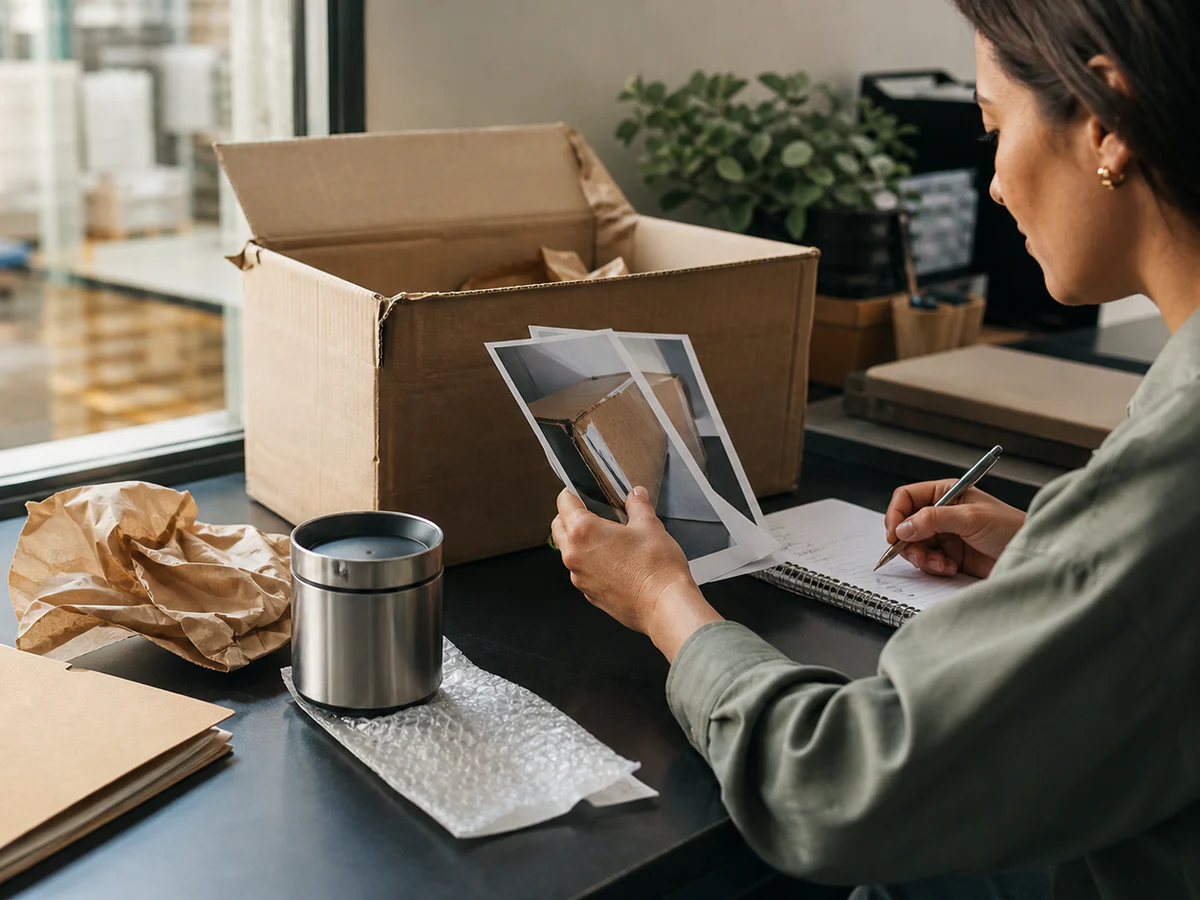 Export customer-care specialist reviewing shipment-damage photos, packaging, and order notes