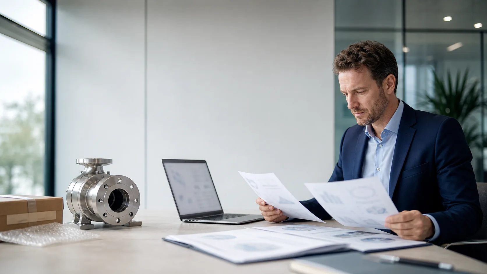 Export sales professional reviewing a buyer RFQ with product specifications