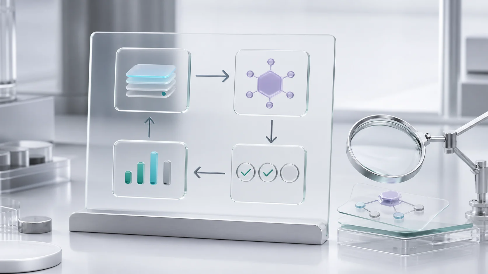 A glass evaluation board showing task cases, tool calls, human review, and accepted results in a loop.