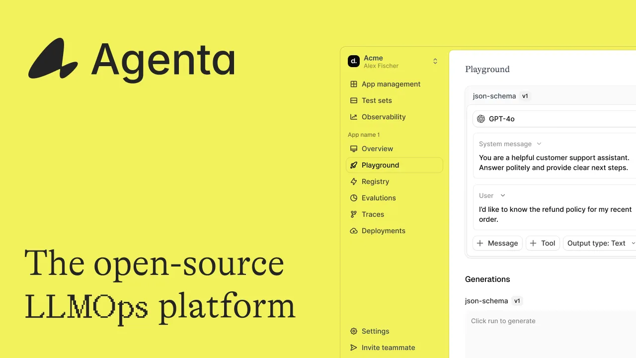 Agenta LLMOps playground, evaluation, and observability platform