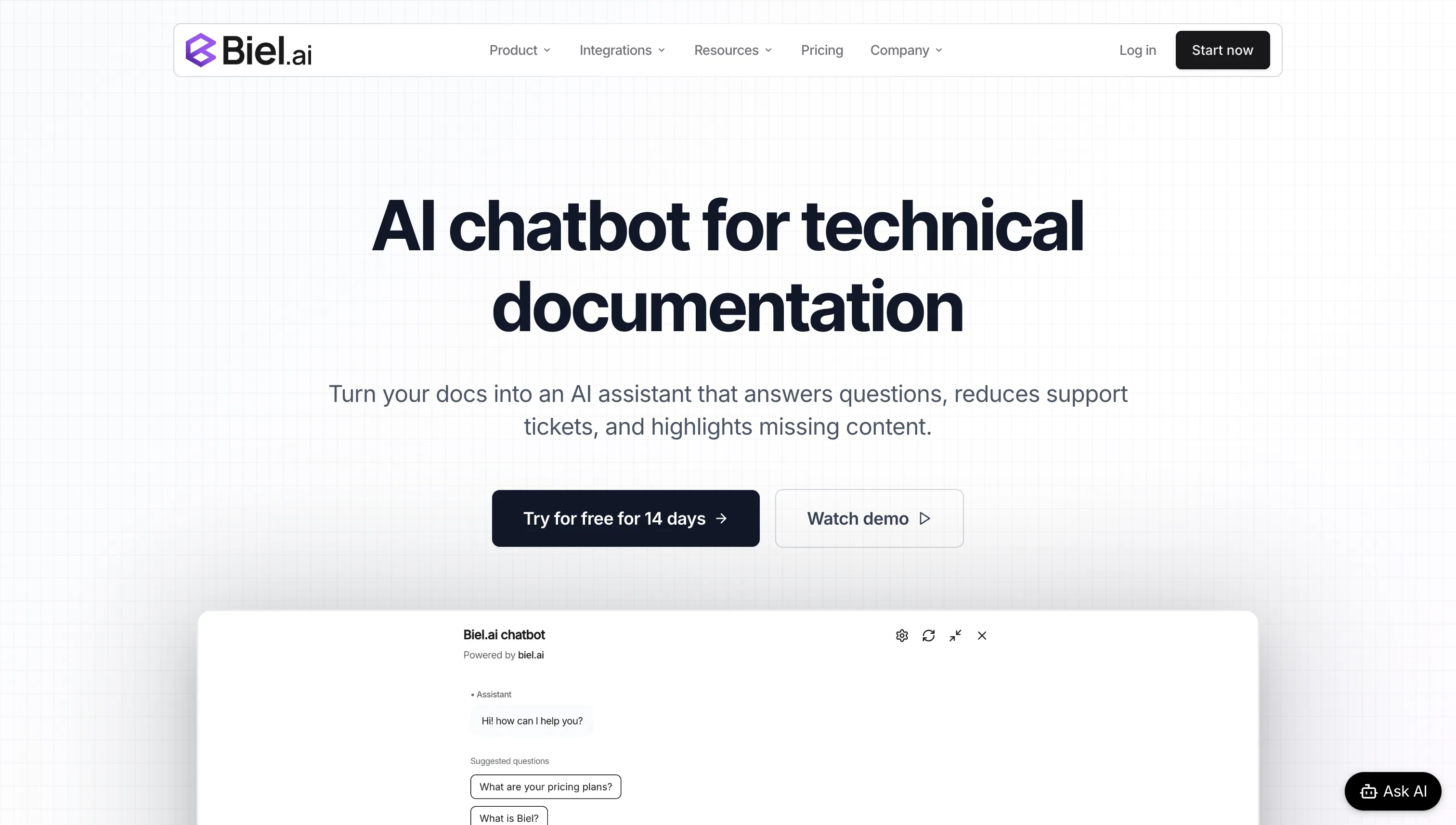 Biel.ai chatbot answering technical documentation questions