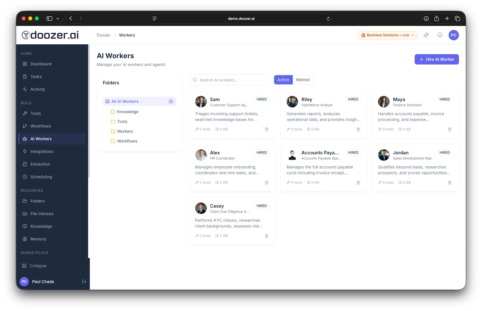 DoozerAI dashboard for managing production digital co-workers