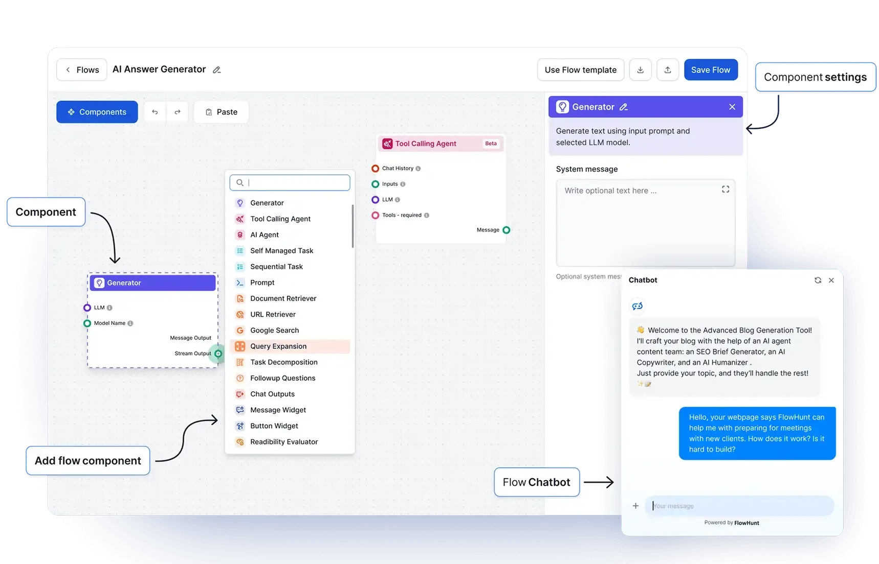 FlowHunt visual AI agent builder for SEO, sales, support, and connected workflows