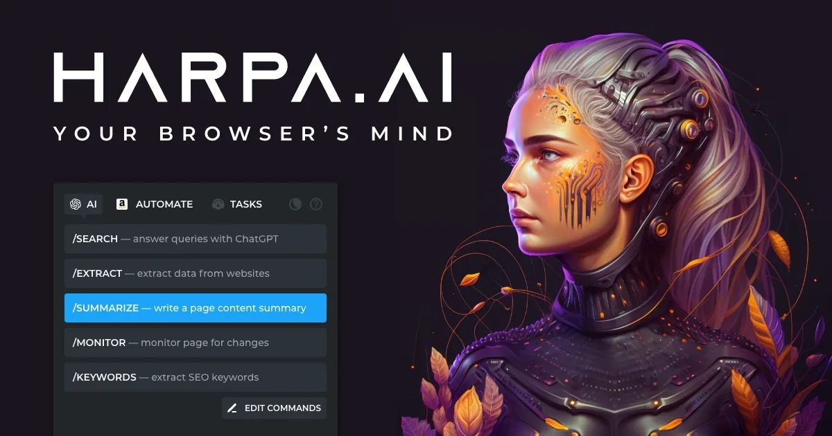 HARPA AI browser extension for page-aware assistance, monitoring, extraction, and automation