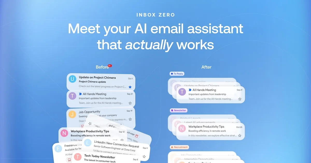 Inbox Zero assistant organizing email, drafting replies, and showing inbox analytics