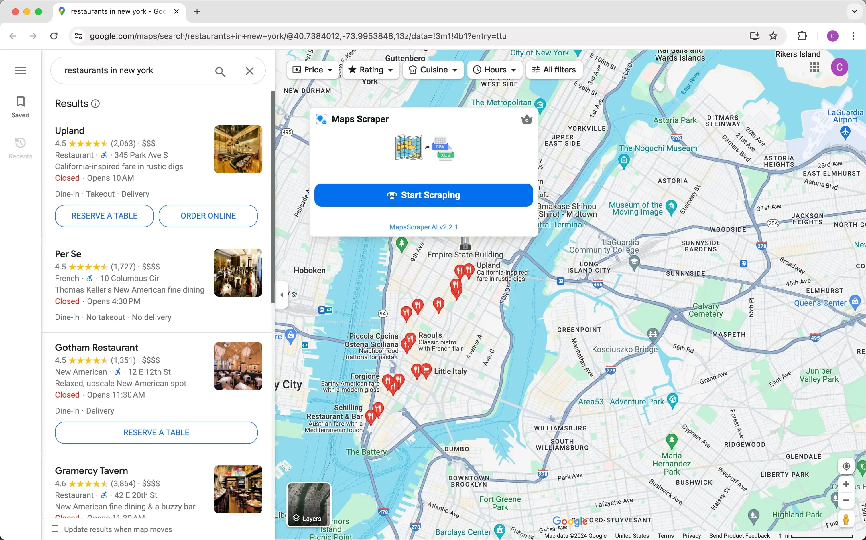 Maps Scraper AI exporting business records from a map search into a spreadsheet