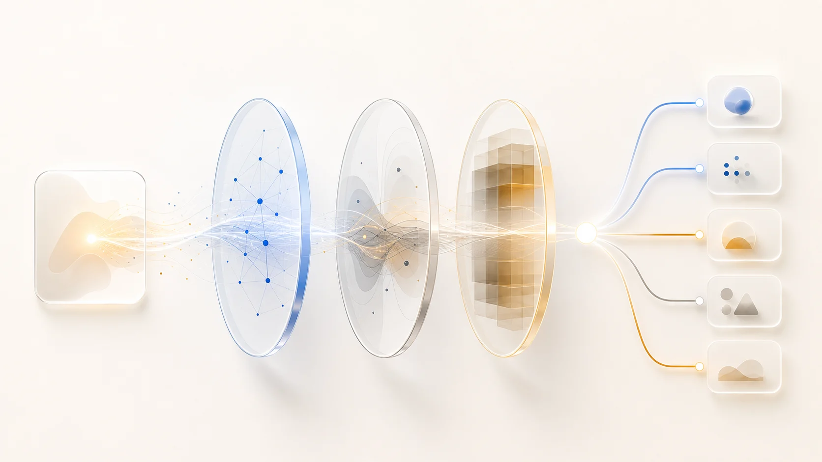 An idea passing through three analytical lenses before branching into recommended outcomes